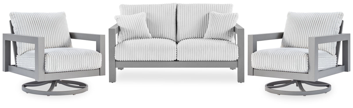 Hurley Park Outdoor Loveseat with 2 Lounge Chairs in Gray from Ashley Furniture - Luna Furniture