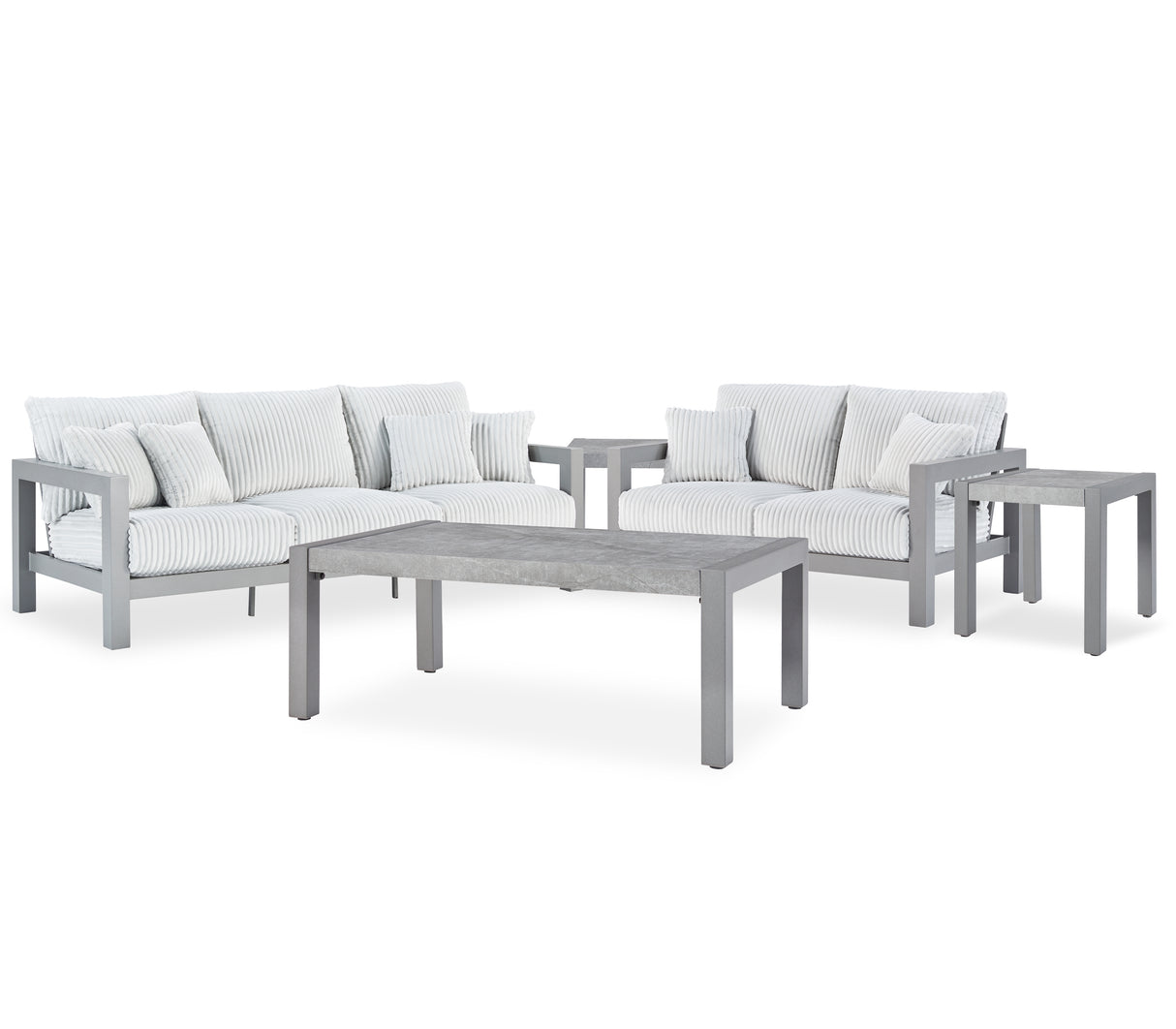 Hurley Park Outdoor Sofa and Loveseat with Coffee Table and 2 End Tables in Gray from Ashley Furniture - Luna Furniture