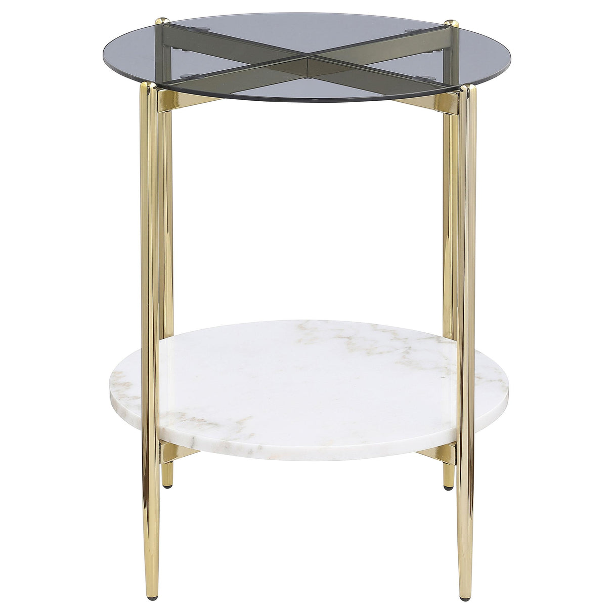 Jonelle Gold Round Glass Top End Table White Marble Shelf from Coaster - Luna Furniture