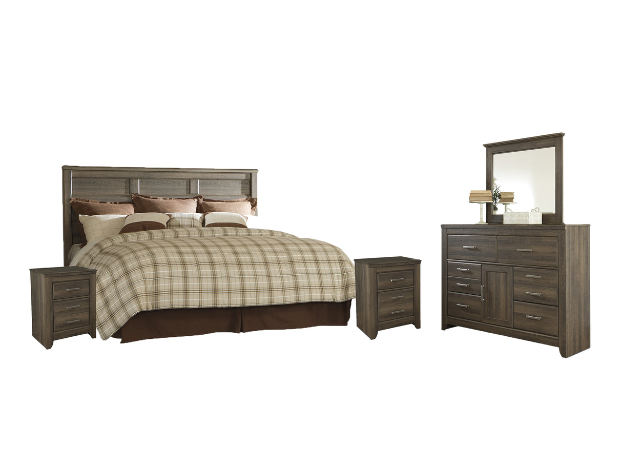 Juararo King/California King Panel Headboard Bed with Mirrored Dresser and 2 Nightstands in Dark Brown from Ashley - Luna Furniture