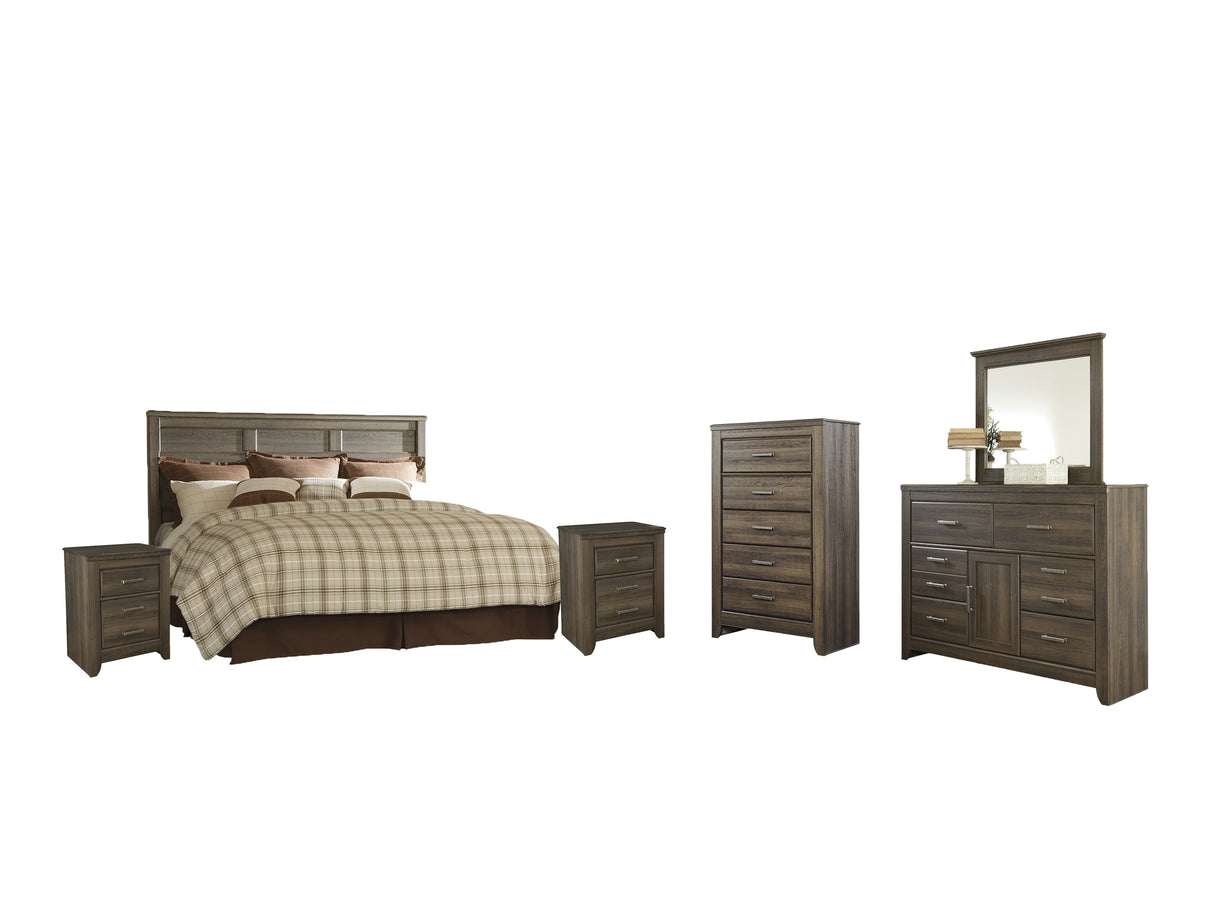 Juararo King/California King Panel Headboard Bed with Mirrored Dresser, Chest and 2 Nightstands in Dark Brown from Ashley - Luna Furniture