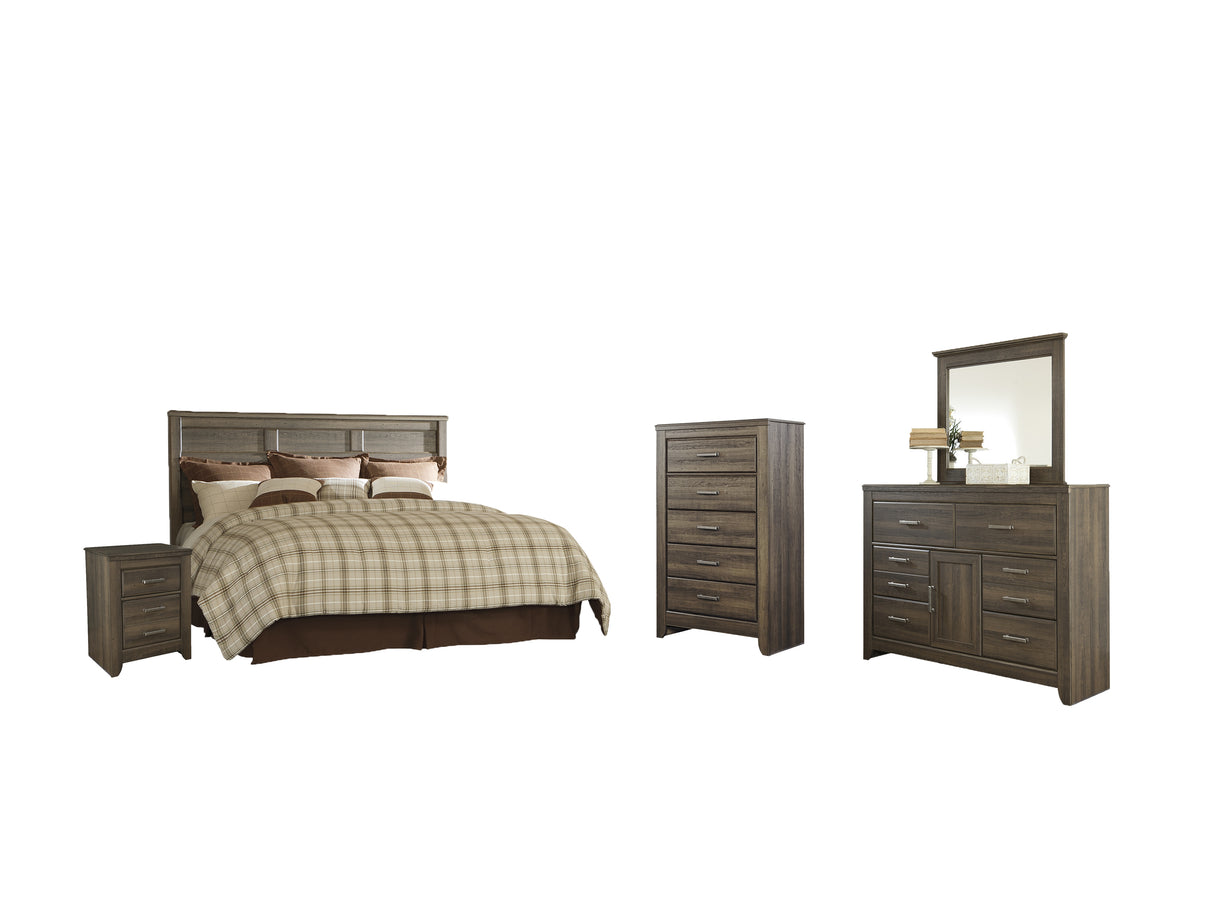 Juararo King/California King Panel Headboard Bed with Mirrored Dresser, Chest and Nightstand in Dark Brown from Ashley - Luna Furniture