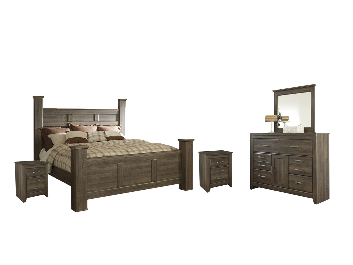 Juararo King Poster Bed with Mirrored Dresser and 2 Nightstands in Dark Brown from Ashley - Luna Furniture