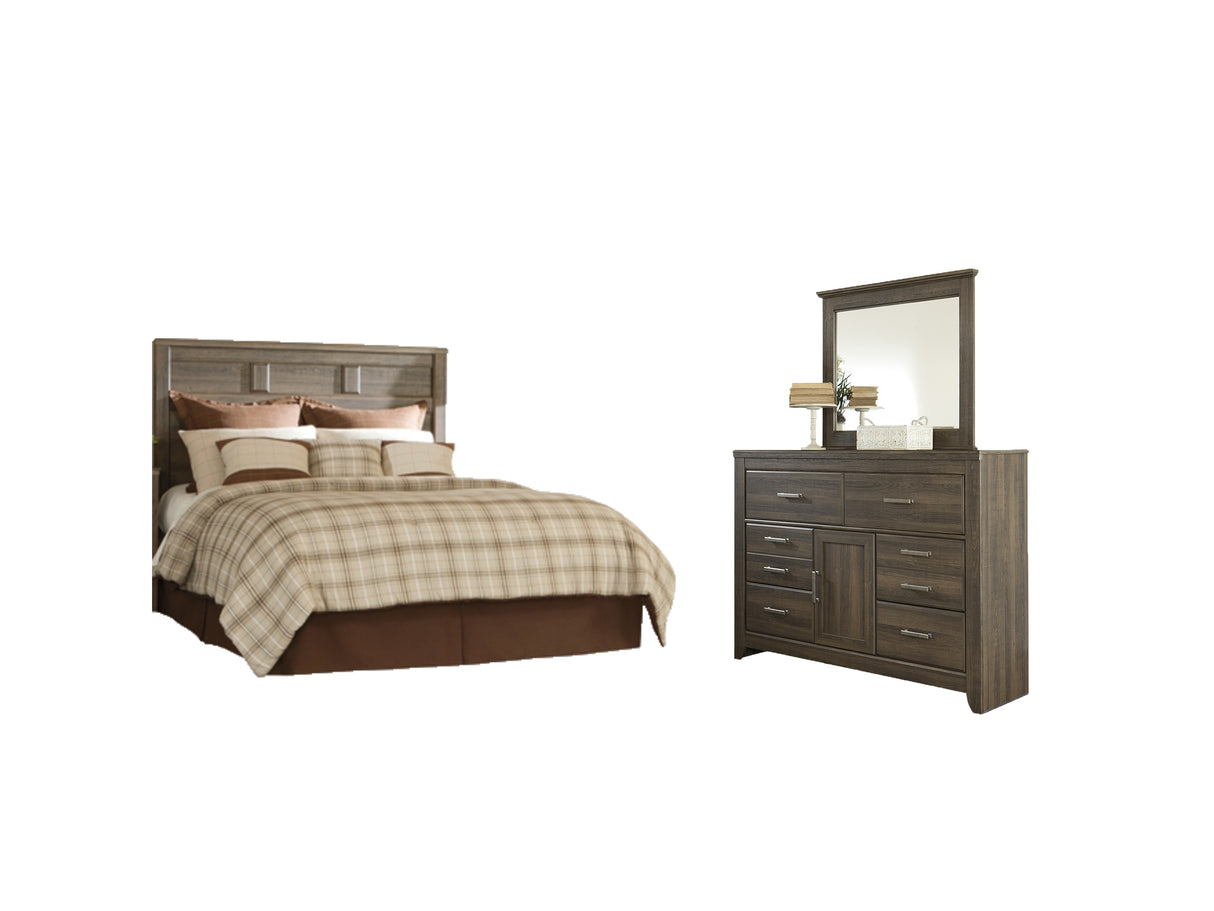Juararo Queen Panel Headboard Bed with Mirrored Dresser in Dark Brown from Ashley - Luna Furniture
