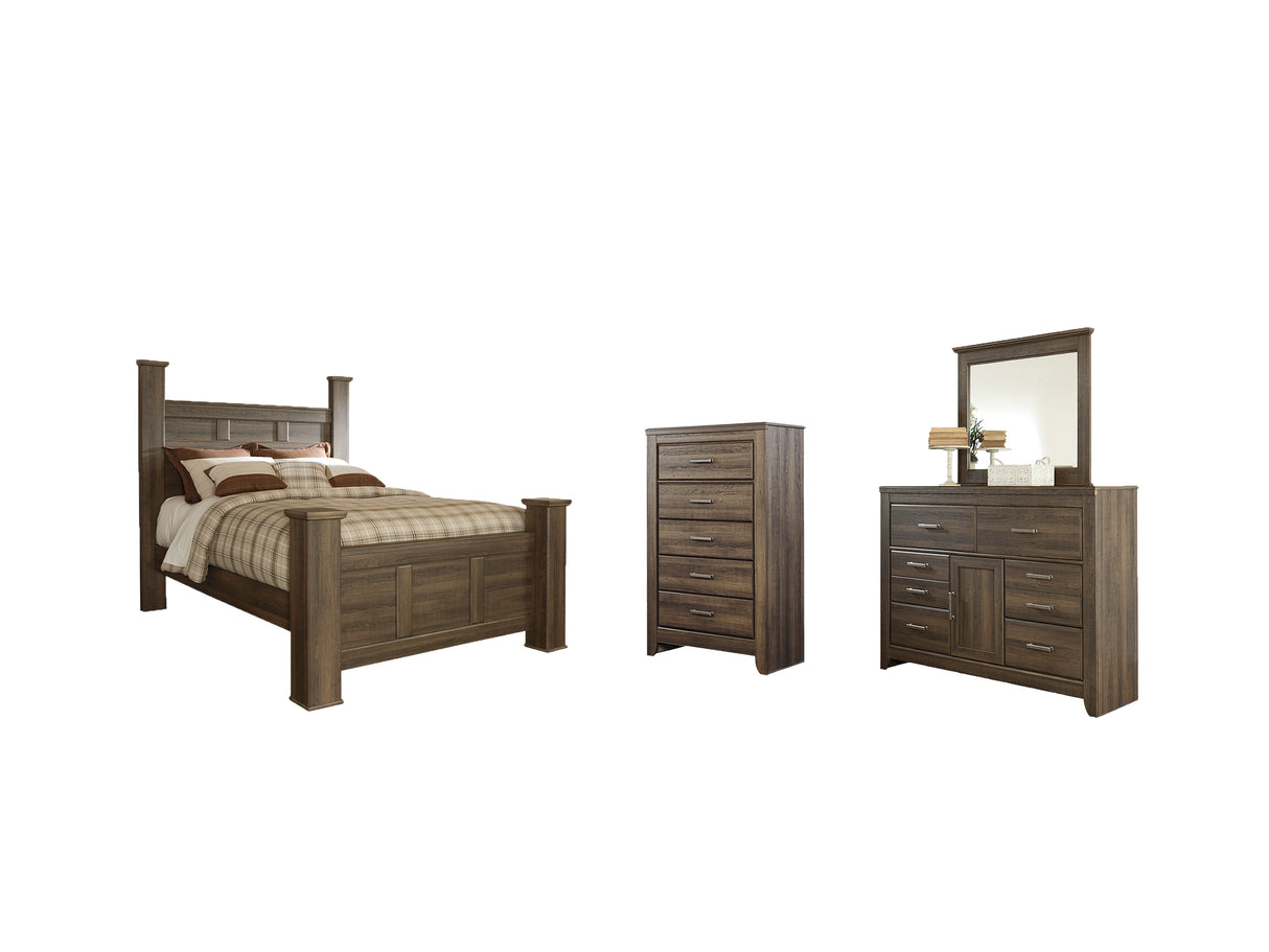 Juararo Queen Poster Bed with Mirrored Dresser and Chest in Dark Brown from Ashley - Luna Furniture