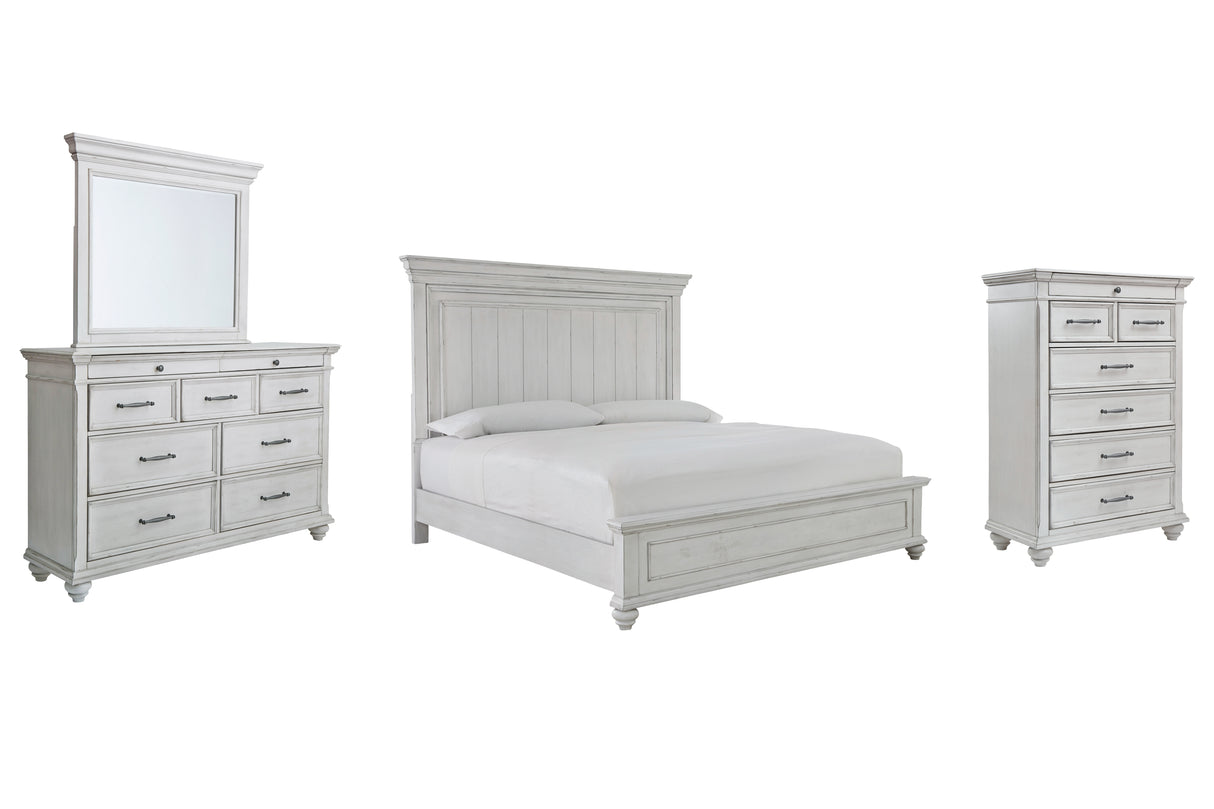 Kanwyn King Panel Bed with Mirrored Dresser and Chest in Whitewash from Ashley - Luna Furniture