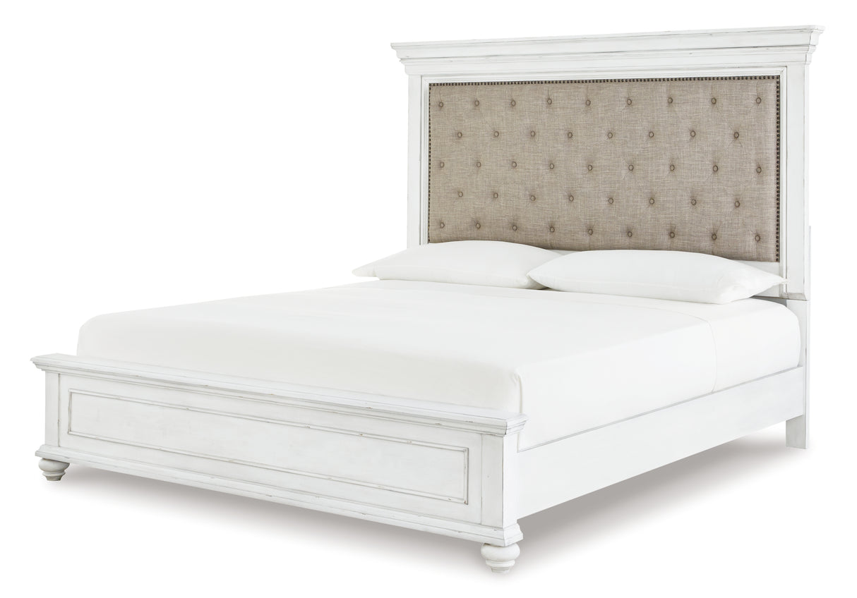 Kanwyn Queen Panel Bed with Mirrored Dresser and Chest in Whitewash from Ashley - Luna Furniture