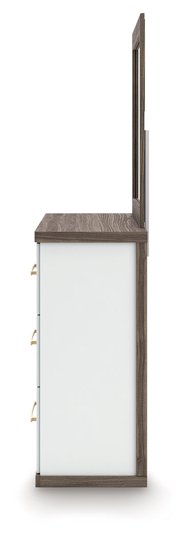 Kendanport White/Brown Queen Upholstered Bed, Dresser, Mirror and Nightstand from Ashley - Luna Furniture