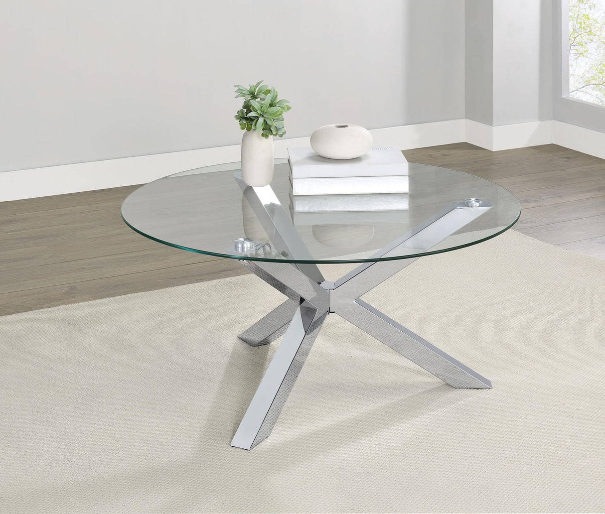 Kenzie Chrome Round Tempered Glass Top Cocktail Coffee Table from Coaster - Luna Furniture