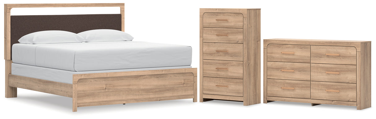 Kinlanni King Upholstered Panel Bed with Dresser and Chest in Tan from Ashley - Luna Furniture