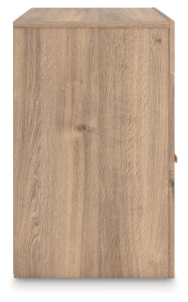 Kinlanni King Upholstered Panel Bed with Dresser and Nightstand in Tan from Ashley - Luna Furniture