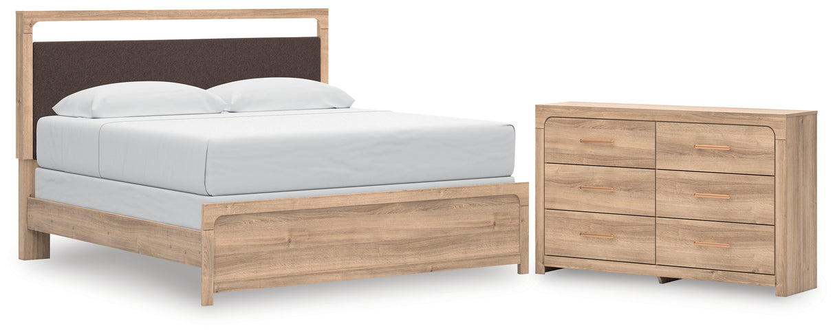 Kinlanni King Upholstered Panel Bed with Dresser in Tan from Ashley - Luna Furniture