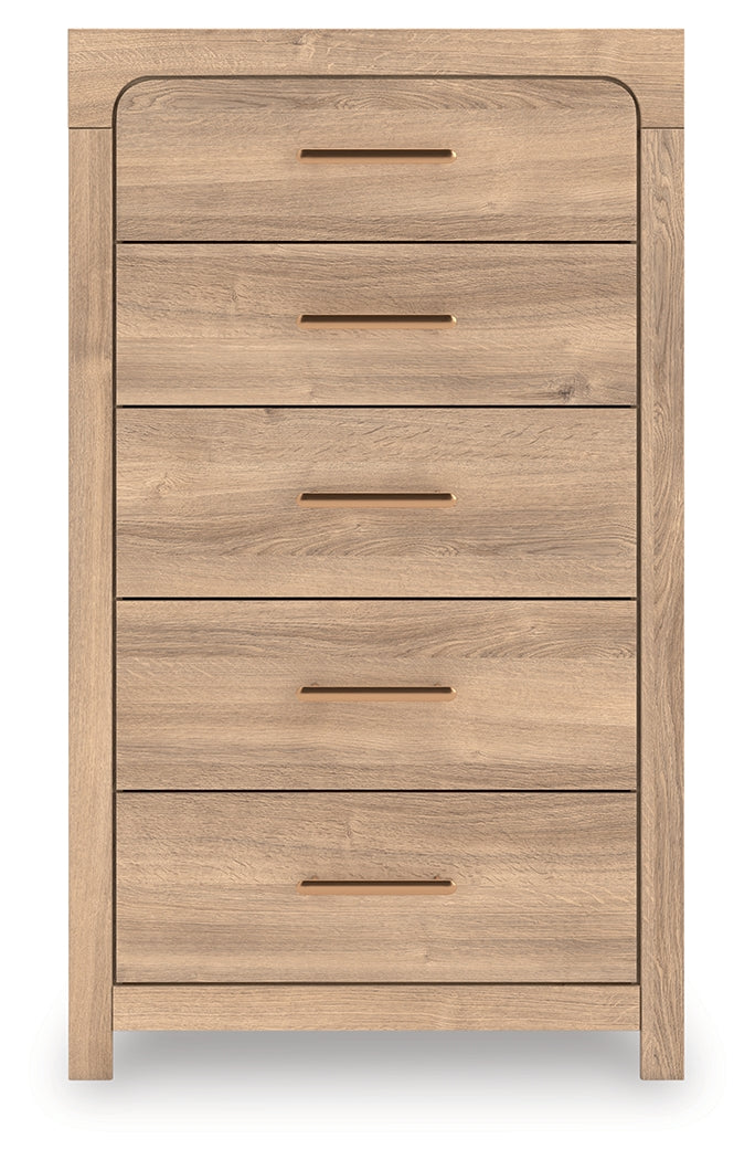 Kinlanni King Upholstered Platform Bed with Dresser and Chest in Tan from Ashley - Luna Furniture