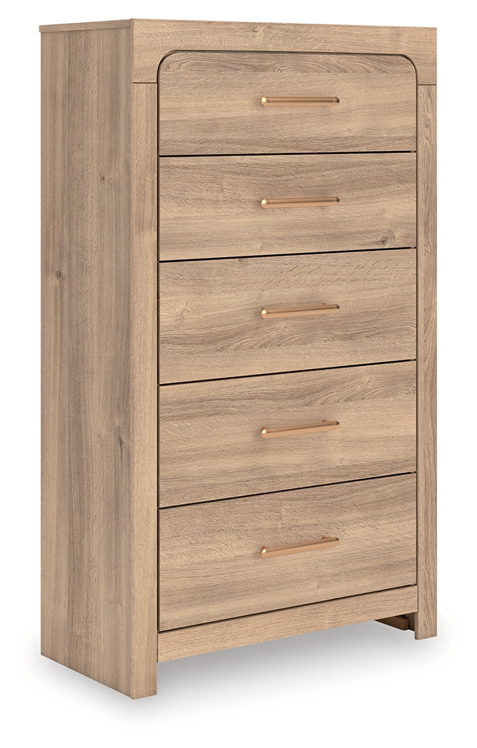 Kinlanni King Upholstered Platform Bed with Dresser and Chest in Tan from Ashley - Luna Furniture
