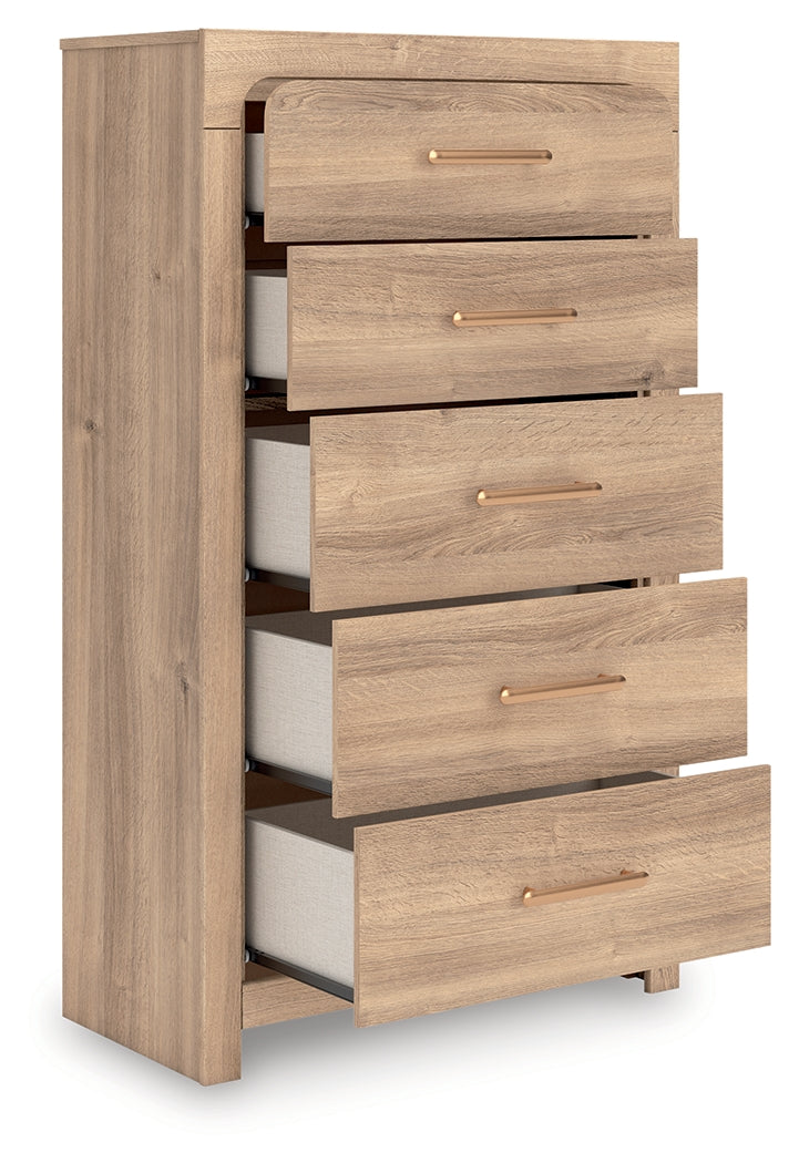 Kinlanni King Upholstered Platform Bed with Dresser and Chest in Tan from Ashley - Luna Furniture
