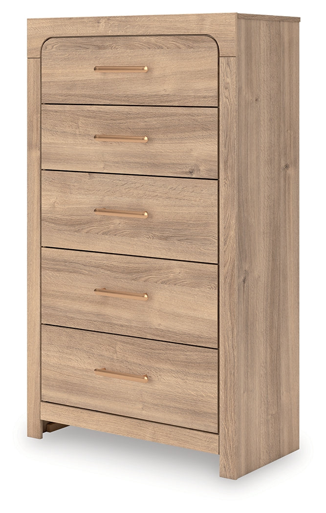 Kinlanni King Upholstered Platform Bed with Dresser and Chest in Tan from Ashley - Luna Furniture