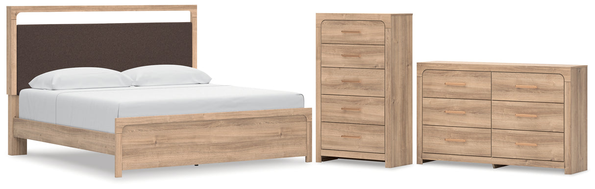 Kinlanni King Upholstered Platform Bed with Dresser and Chest in Tan from Ashley - Luna Furniture