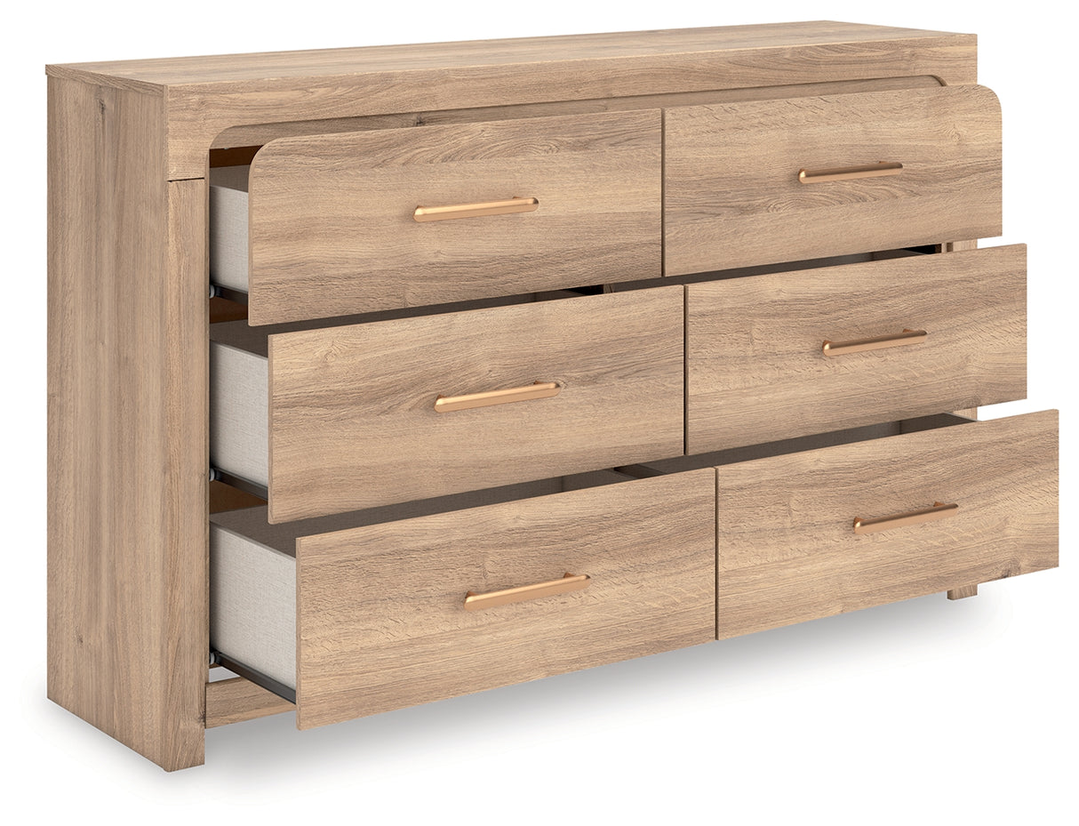 Kinlanni King Upholstered Platform Bed with Dresser and Chest in Tan from Ashley - Luna Furniture