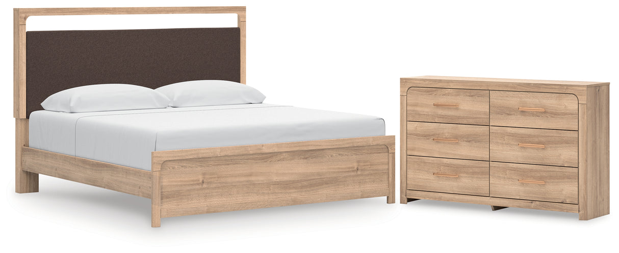 Kinlanni King Upholstered Platform Bed with Dresser in Tan from Ashley Furniture - Luna Furniture