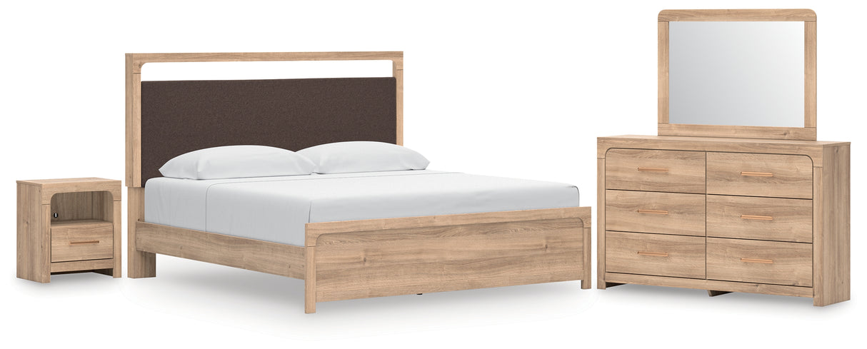 Kinlanni King Upholstered Platform Bed with Mirrored Dresser and Nightstand in Tan from Ashley Furniture - Luna Furniture
