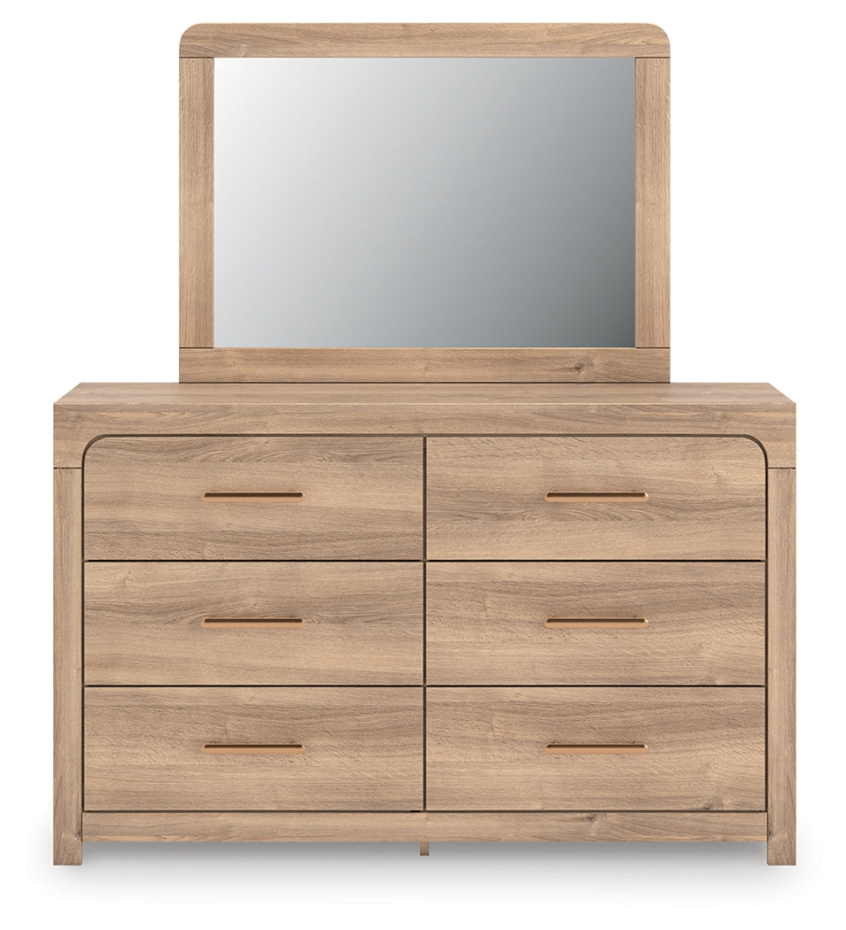 Kinlanni King Upholstered Platform Bed with Mirrored Dresser in Tan from Ashley - Luna Furniture