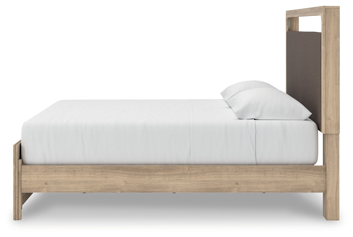 Kinlanni King Upholstered Platform Bed with Mirrored Dresser in Tan from Ashley - Luna Furniture