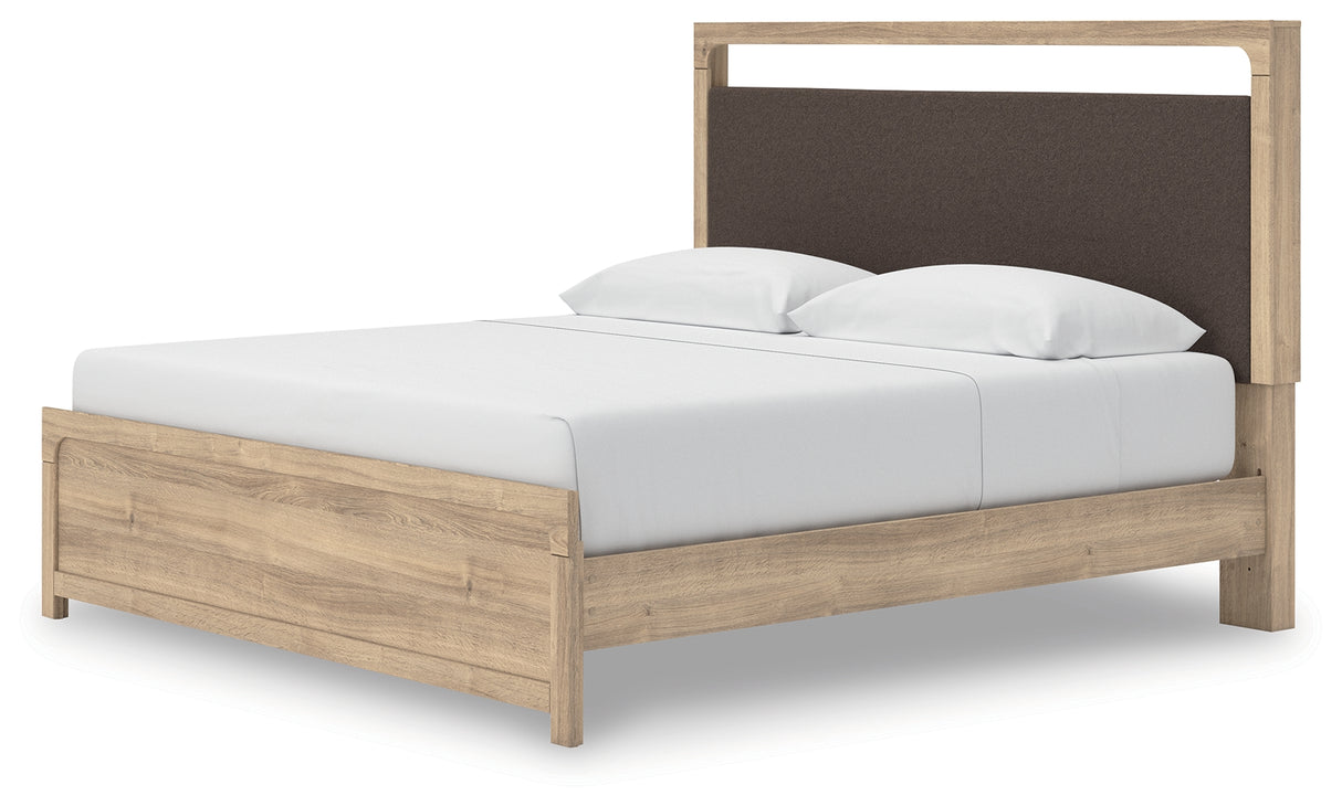 Kinlanni King Upholstered Platform Bed with Mirrored Dresser in Tan from Ashley - Luna Furniture