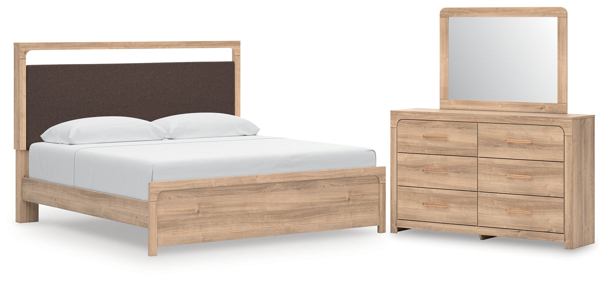 Kinlanni King Upholstered Platform Bed with Mirrored Dresser in Tan from Ashley - Luna Furniture