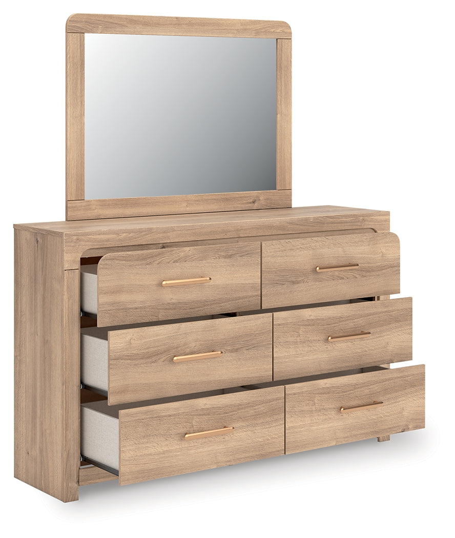Kinlanni King Upholstered Platform Bed with Mirrored Dresser in Tan from Ashley - Luna Furniture