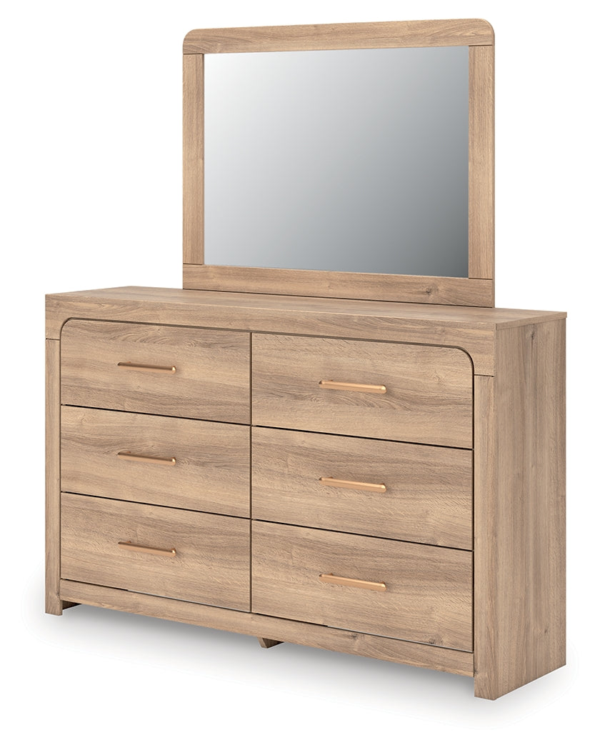 Kinlanni King Upholstered Platform Bed with Mirrored Dresser in Tan from Ashley - Luna Furniture