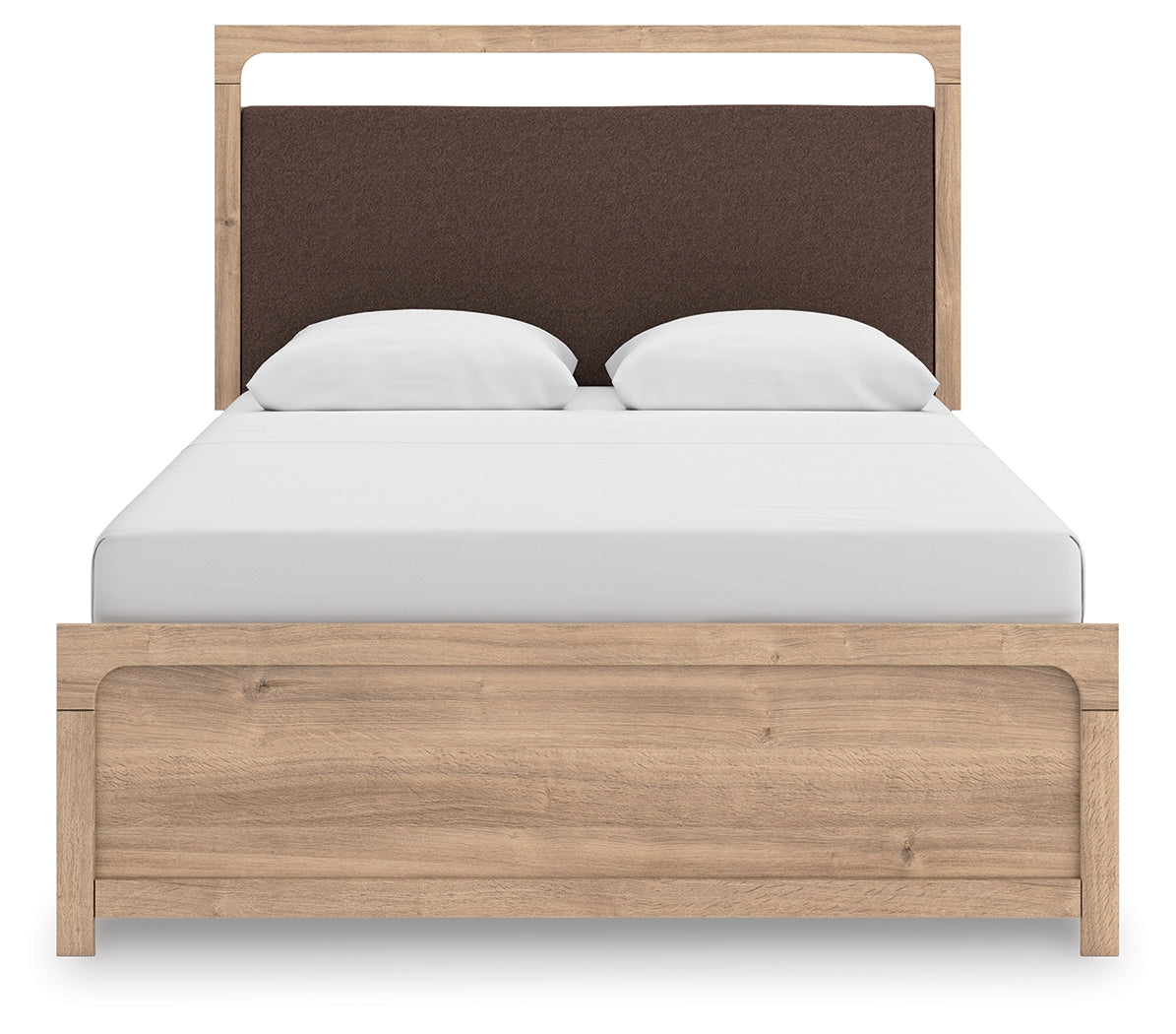 Kinlanni Queen Upholstered Panel Bed with Dresser and Nightstand in Tan from Ashley - Luna Furniture