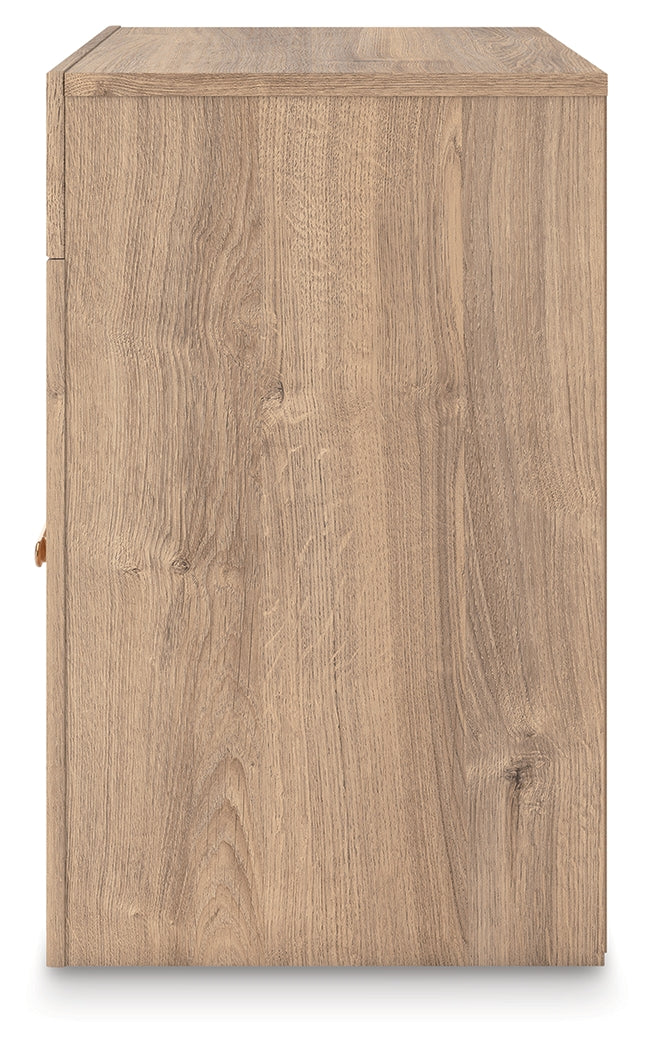 Kinlanni Queen Upholstered Panel Bed with Dresser and Nightstand in Tan from Ashley - Luna Furniture