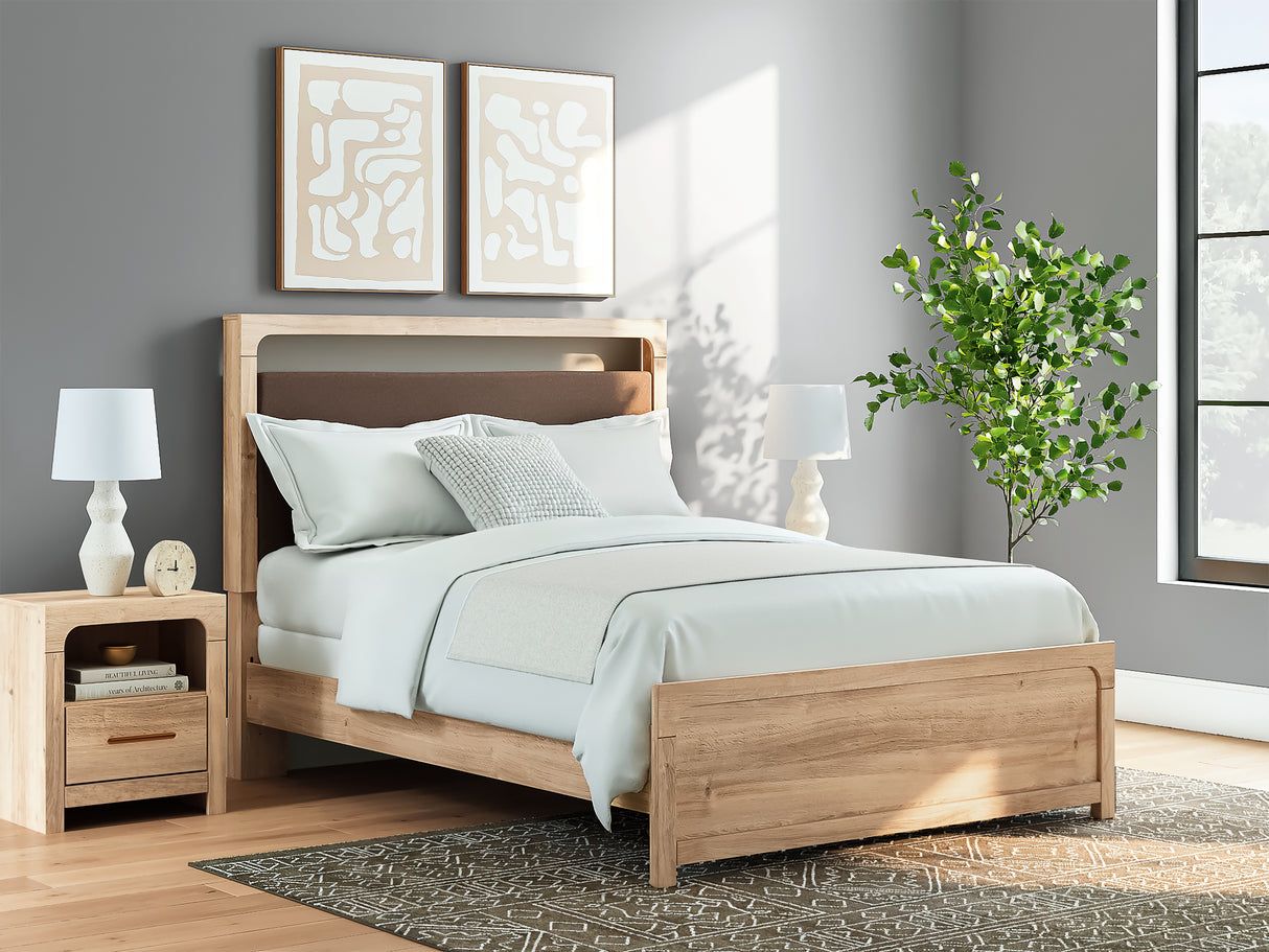 Kinlanni Queen Upholstered Panel Bed with Dresser and Nightstand in Tan from Ashley - Luna Furniture