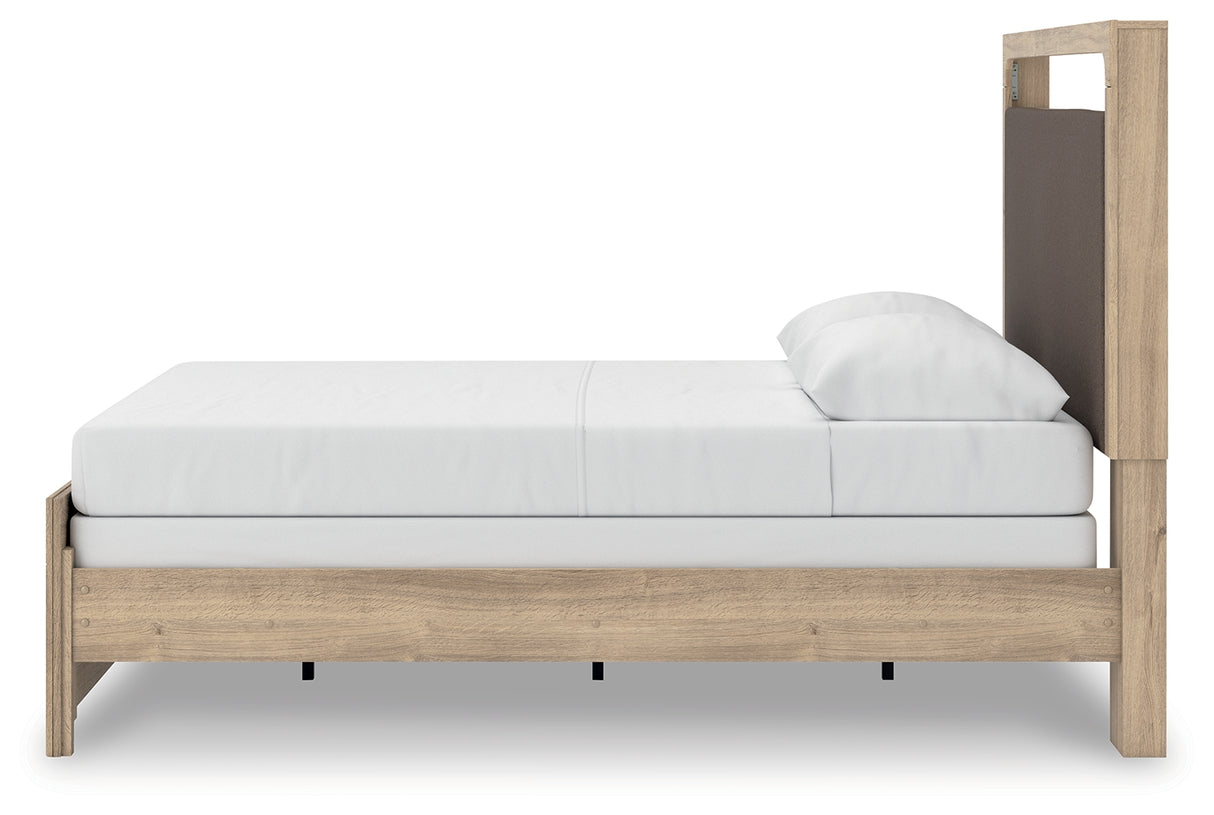 Kinlanni Queen Upholstered Panel Bed with Dresser in Tan from Ashley - Luna Furniture