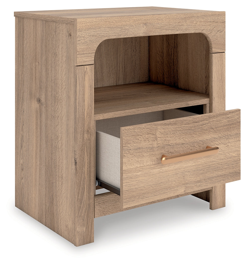 Kinlanni Queen Upholstered Platform Bed with Dresser and Nightstand in Tan from Ashley Furniture - Luna Furniture
