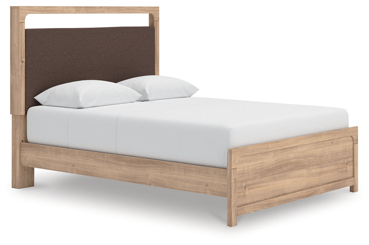Kinlanni Queen Upholstered Platform Bed with Mirrored Dresser and Nightstand in Tan from Ashley - Luna Furniture