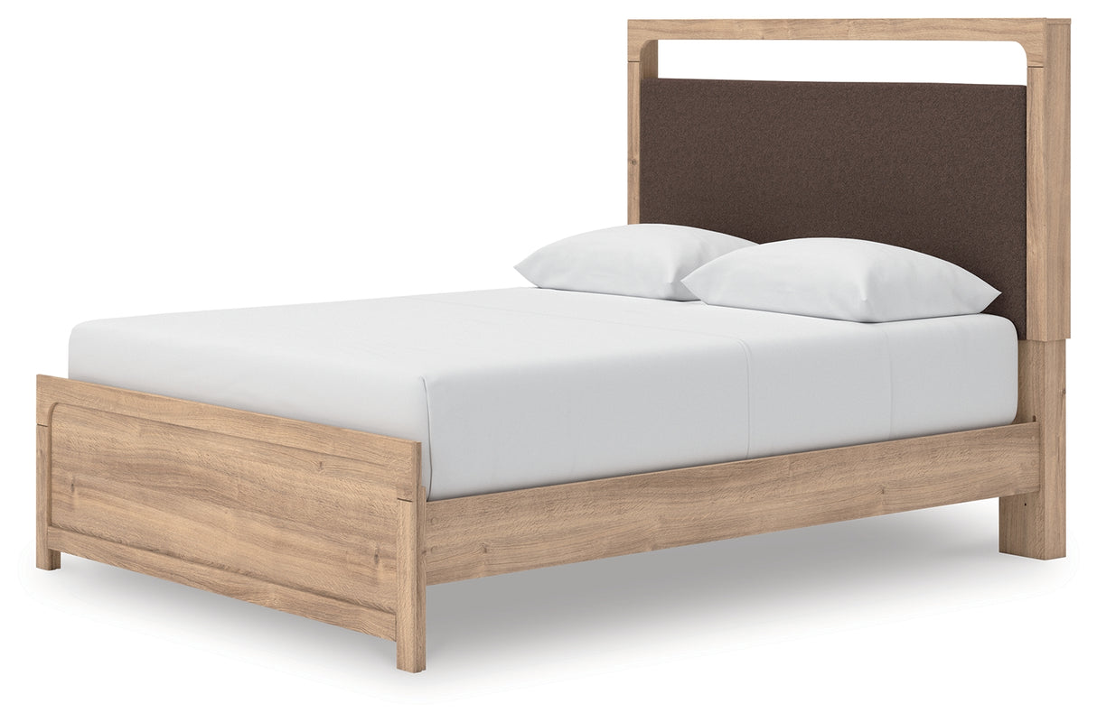 Kinlanni Queen Upholstered Platform Bed with Mirrored Dresser and Nightstand in Tan from Ashley - Luna Furniture