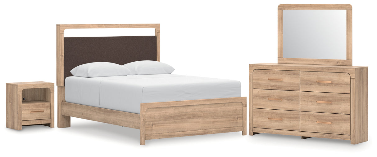Kinlanni Queen Upholstered Platform Bed with Mirrored Dresser and Nightstand in Tan from Ashley - Luna Furniture