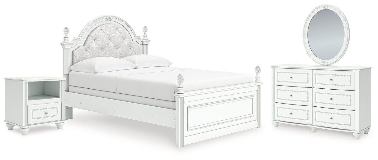 Kozlani Full Upholstered Panel Bed with Mirrored Dresser and Nightstand in White from Ashley - Luna Furniture