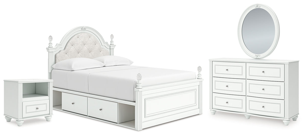 Kozlani Full Upholstered Panel Storage Bed with Mirrored Dresser and Nightstand in White from Ashley - Luna Furniture
