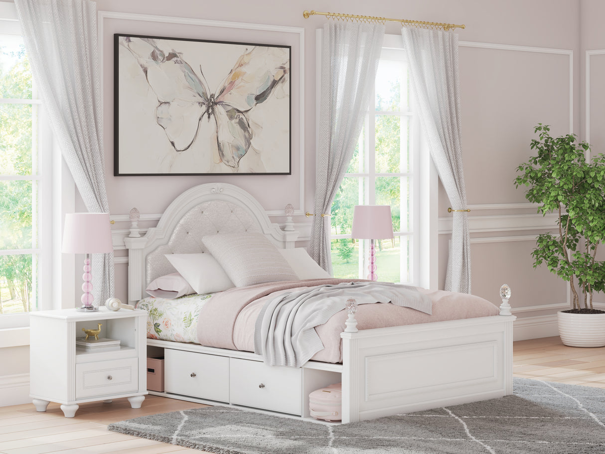 Kozlani Full Upholstered Panel Storage Bed with Mirrored Dresser and Nightstand in White from Ashley - Luna Furniture