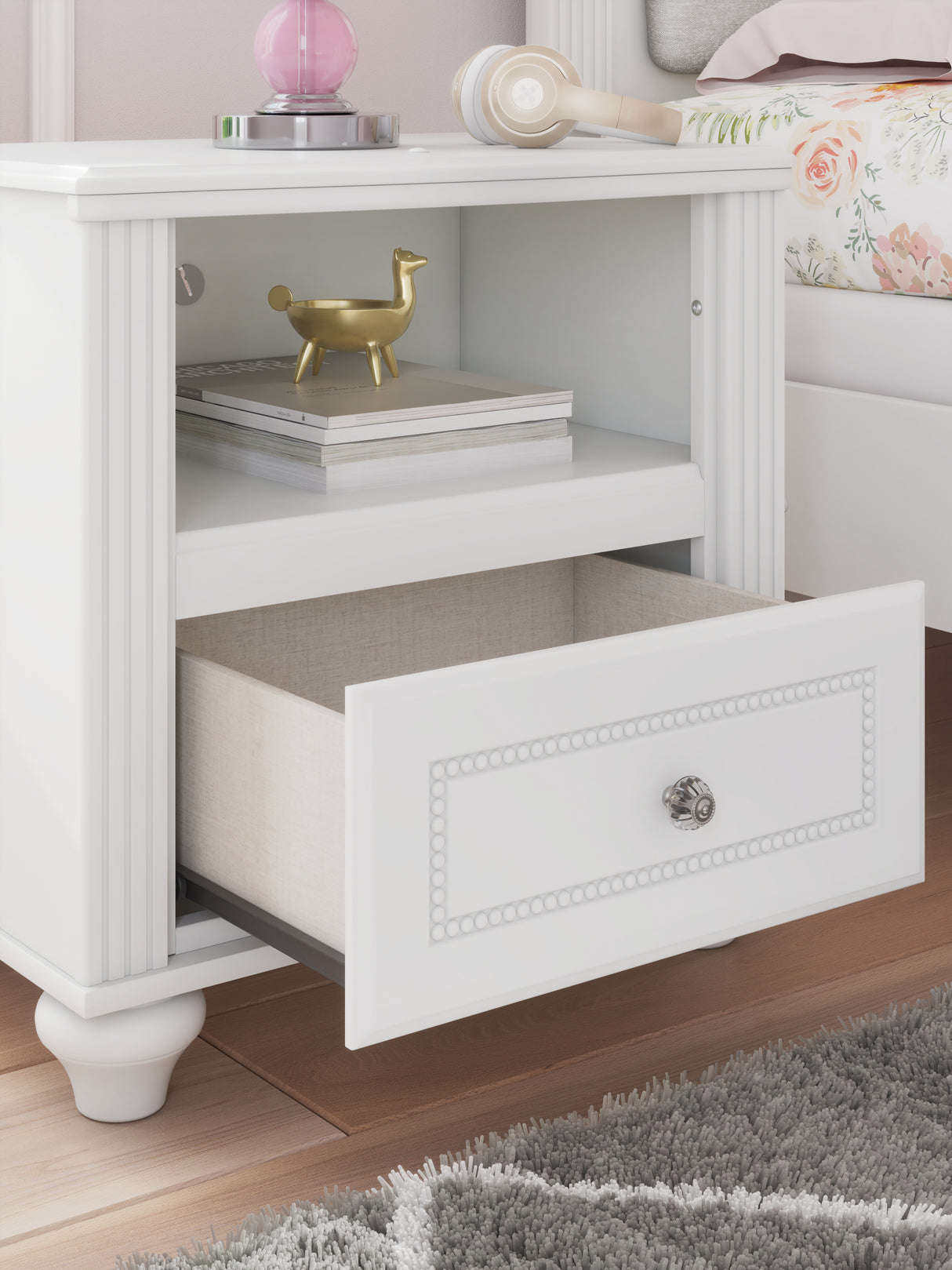 Kozlani Full Upholstered Panel Storage Bed with Mirrored Dresser and Nightstand in White from Ashley - Luna Furniture