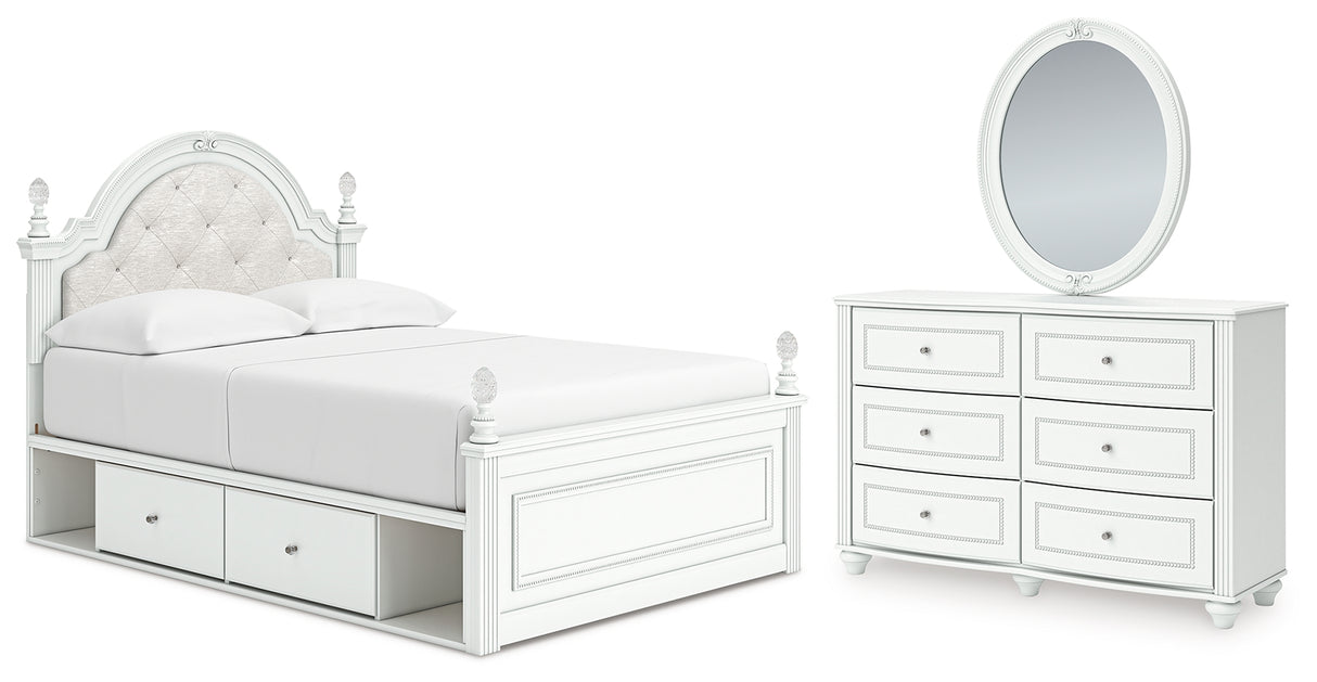 Kozlani Full Upholstered Panel Storage Bed with Mirrored Dresser in White from Ashley - Luna Furniture