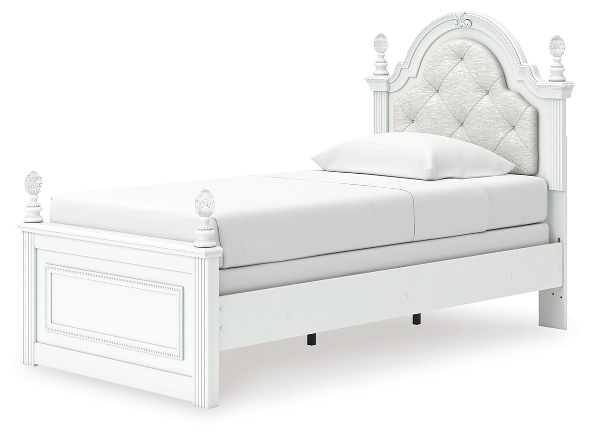 Kozlani Twin Upholstered Panel Bed with Mirrored Dresser and Nightstand in White from Ashley - Luna Furniture
