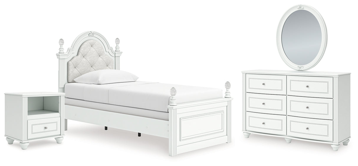 Kozlani Twin Upholstered Panel Bed with Mirrored Dresser and Nightstand in White from Ashley - Luna Furniture