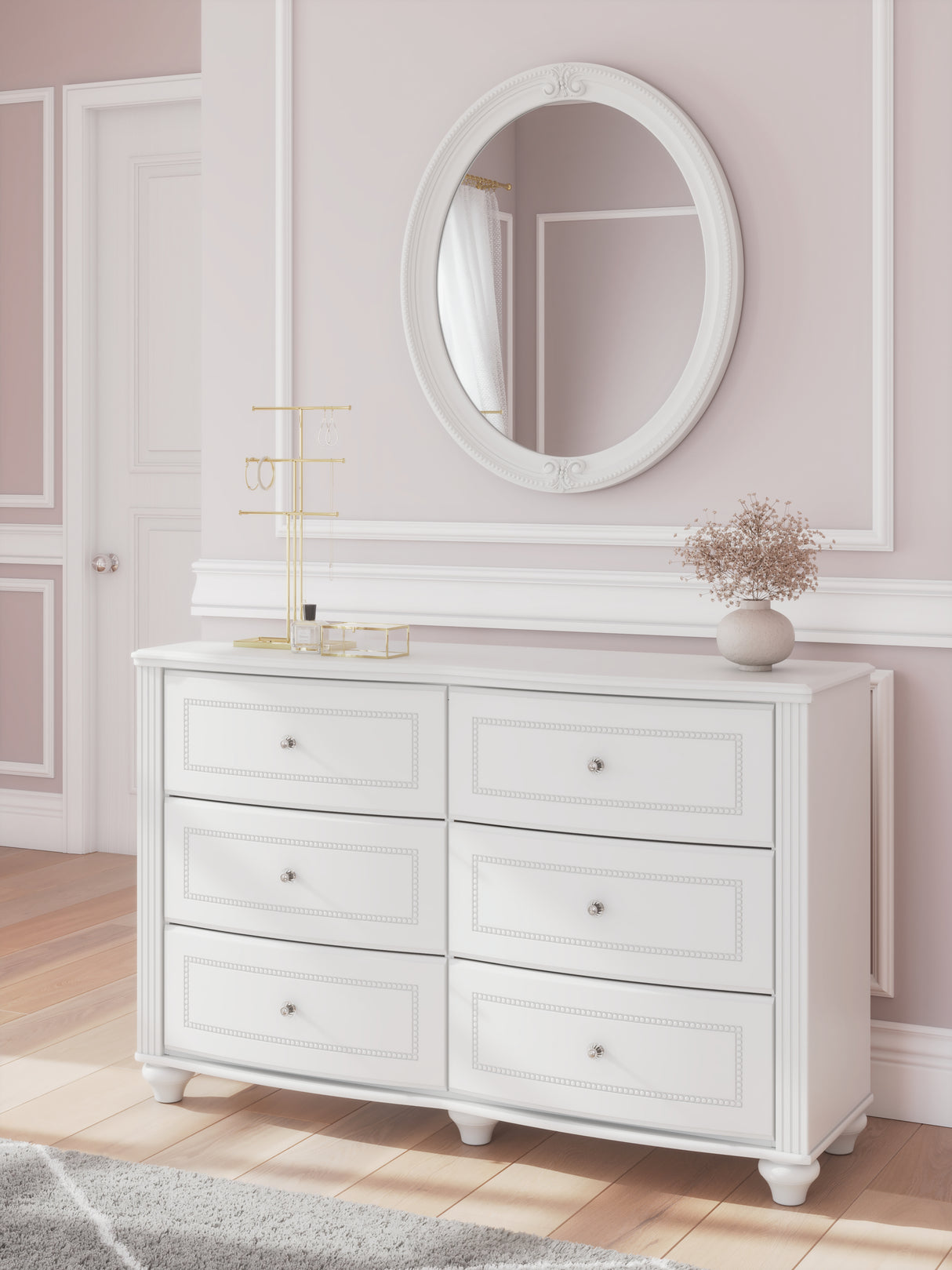 Kozlani Twin Upholstered Panel Bed with Mirrored Dresser and Nightstand in White from Ashley - Luna Furniture