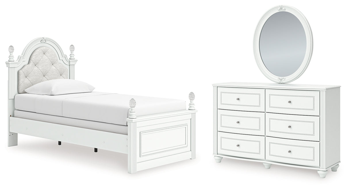 Kozlani Twin Upholstered Panel Bed with Mirrored Dresser in White from Ashley - Luna Furniture