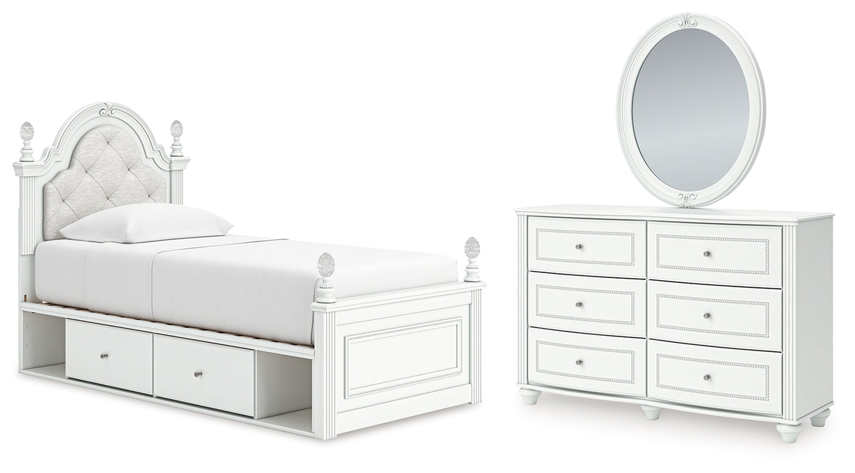Kozlani Twin Upholstered Panel Storage Bed with Mirrored Dresser in White from Ashley - Luna Furniture