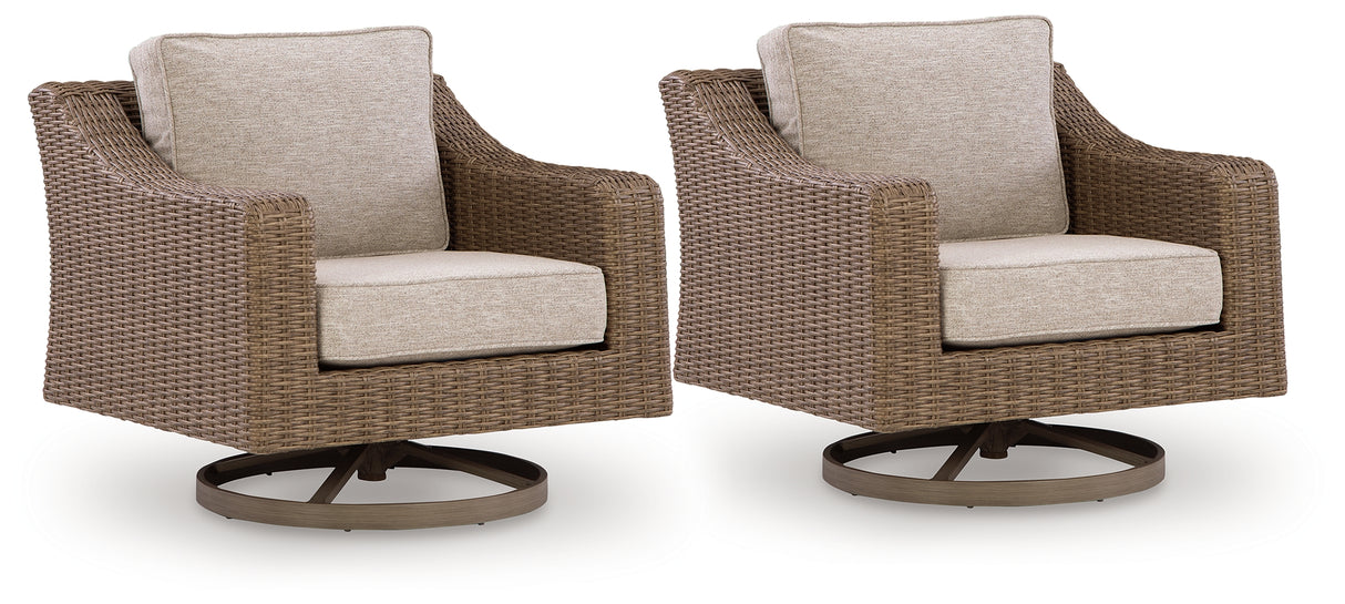 Laguna Heights 2 Outdoor Swivel Lounge Chairs in Beige from Ashley Furniture - Luna Furniture