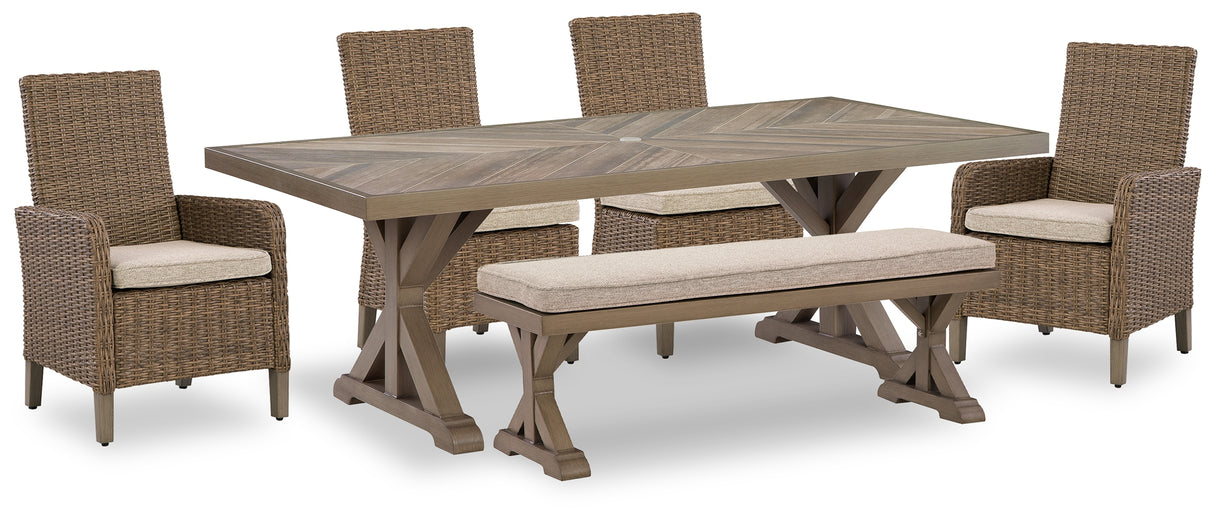 Laguna Heights Outdoor Dining Table and 4 Chairs and Bench in Beige from Ashley Furniture - Luna Furniture